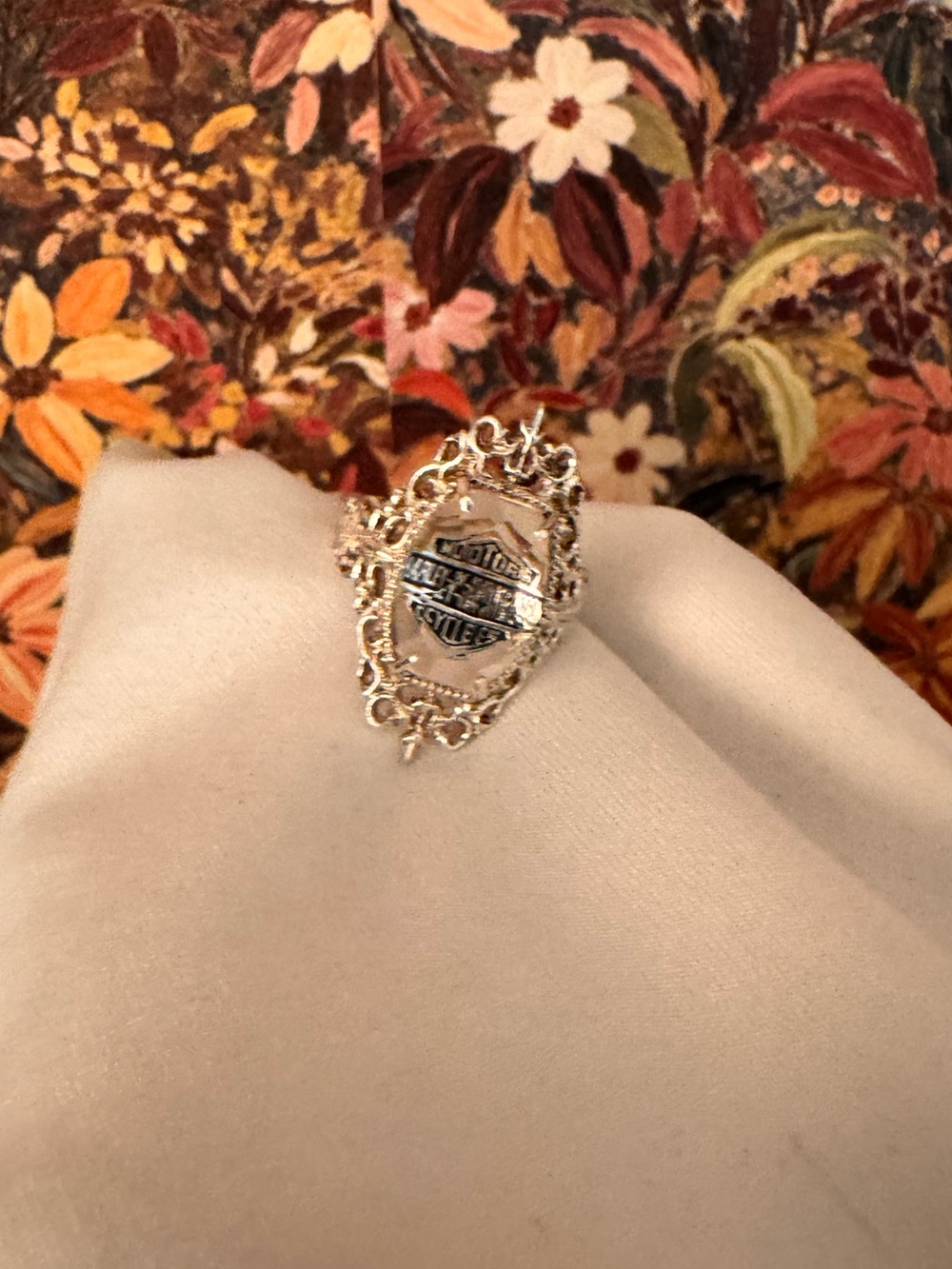 Rare Vintage Harley-Davidson Silver Filigree Emblem Ring with Black Logo